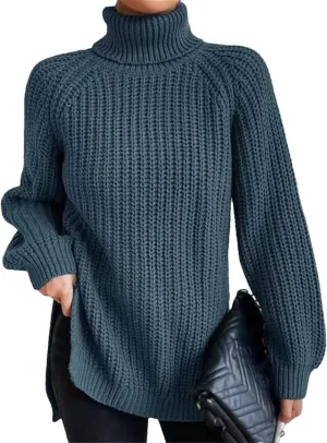 Women's Turtleneck Sweater Oversized Knitted Pullover Slit Solid Color Chunky Sweaters Jumpers