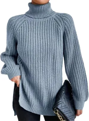 Women's Turtleneck Sweater Oversized Knitted Pullover Slit Solid Color Chunky Sweaters Jumpers